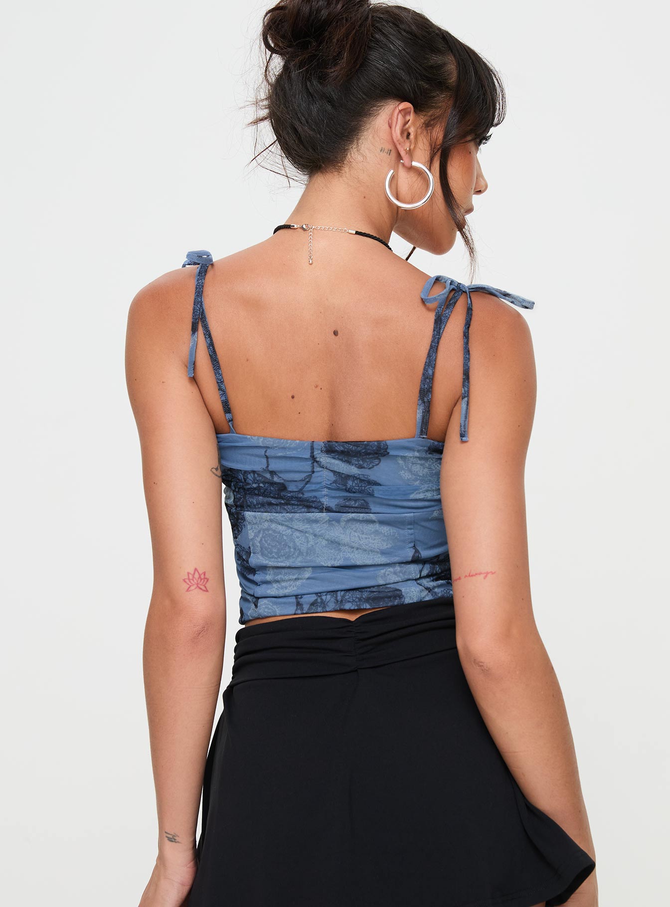back view of model wearing Princess Polly Over You Top Blue Sleeveless Square Neck 