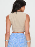 Beige Vest top, v neckline Detail stitching, front button fastenings, twin faux pockets