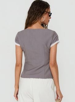 Margherite Asymmetrical Button Detail Short Sleeve Top Grey Stripe