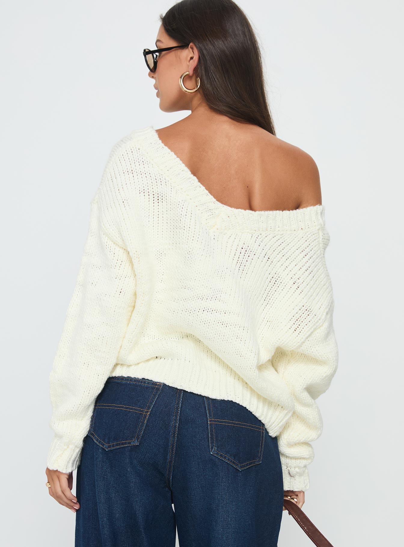 back view of model wearing Princess Polly Talassa V Neck Knit Sweater White Cropped Jumpers 