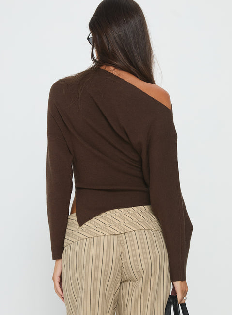 back view of model wearing Princess Polly Kaelith Off Shoulder Knit Sweater Brown Longline Jumpers 