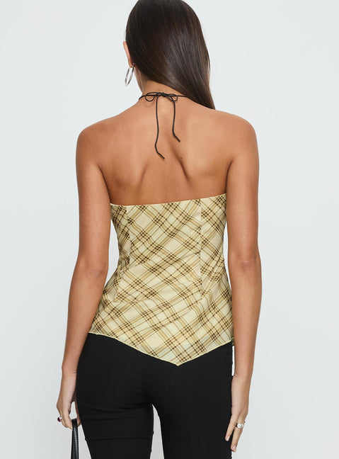 I Wonder Strapless Cut Out Top Yellow Check