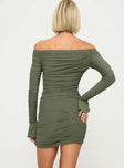 back view of model wearing Princess Polly Moreno Long Sleeve Mini Dress Olive Straight Neck 