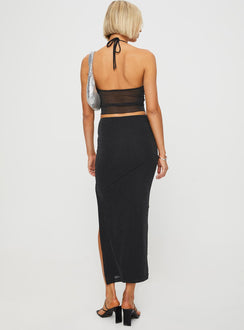 Matching glittery set Halter neck top, tie fastening Low rise maxi skirt, high leg slit Good stretch, partially lined