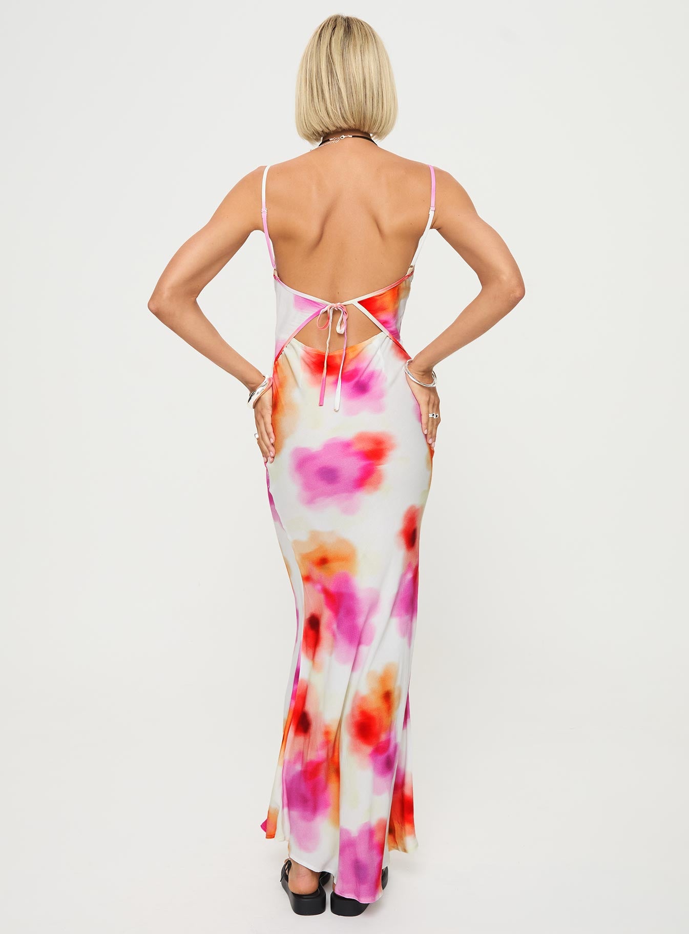back view of model wearing Princess Polly Luncheon Maxi Dress Pink Multi Square Neck 