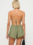Sage romper Strapless style, inner silicone strip at bust, open back with tie fastening detail