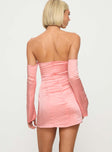 Off shoulder style, silk material look, inner silicone strip at bust, flared sleeves, invisible zip fastening at back