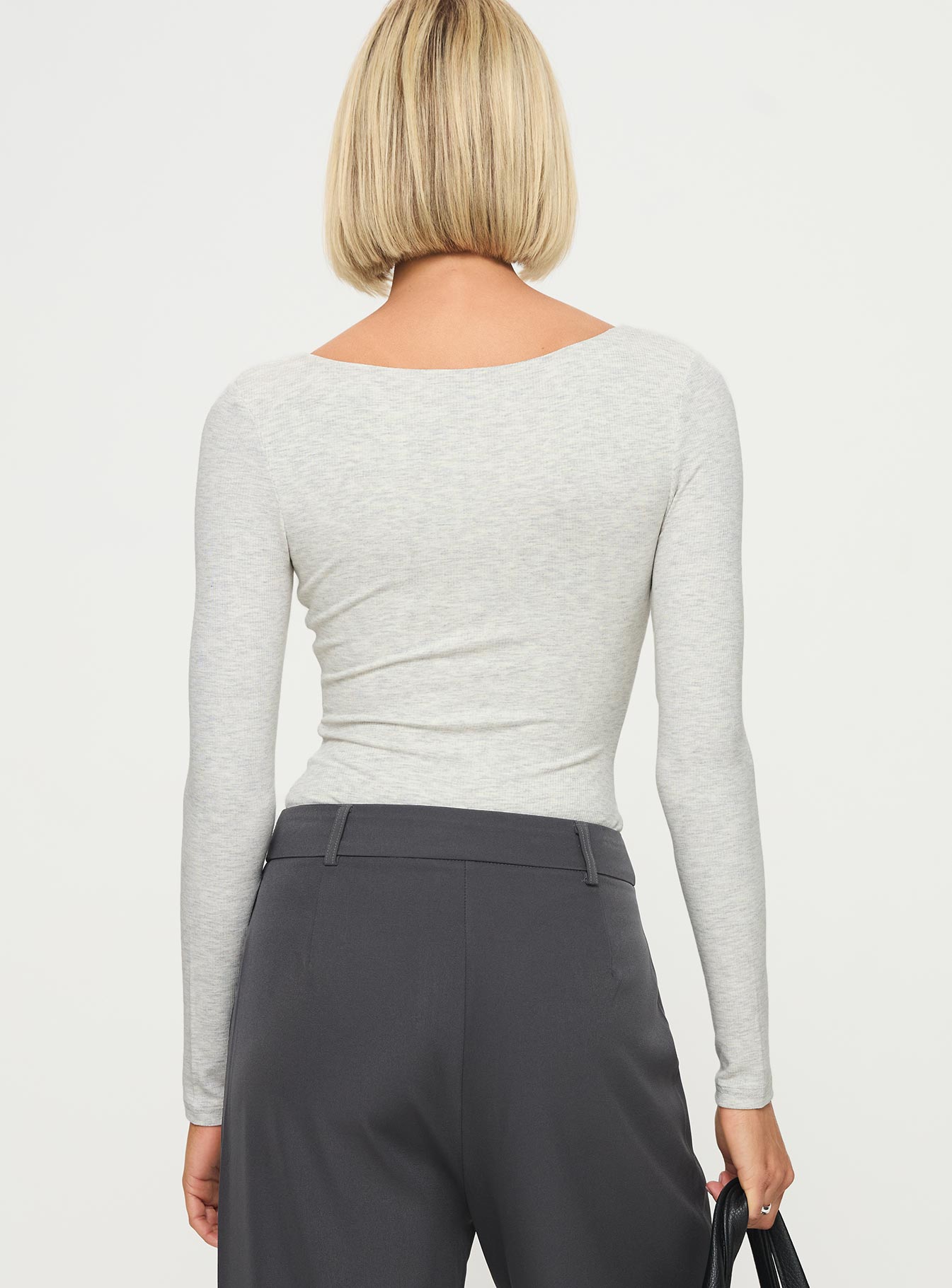 back view of model wearing Princess Polly Greener Long Sleeve Bodysuit Grey Full Sleeves Crew Neck 