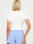  white top Deep v bust, double tie fastening at front, ruched design