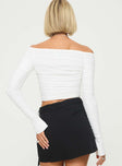 Off the shoulder white top Ruched throughout, inner silicone strip at neckline