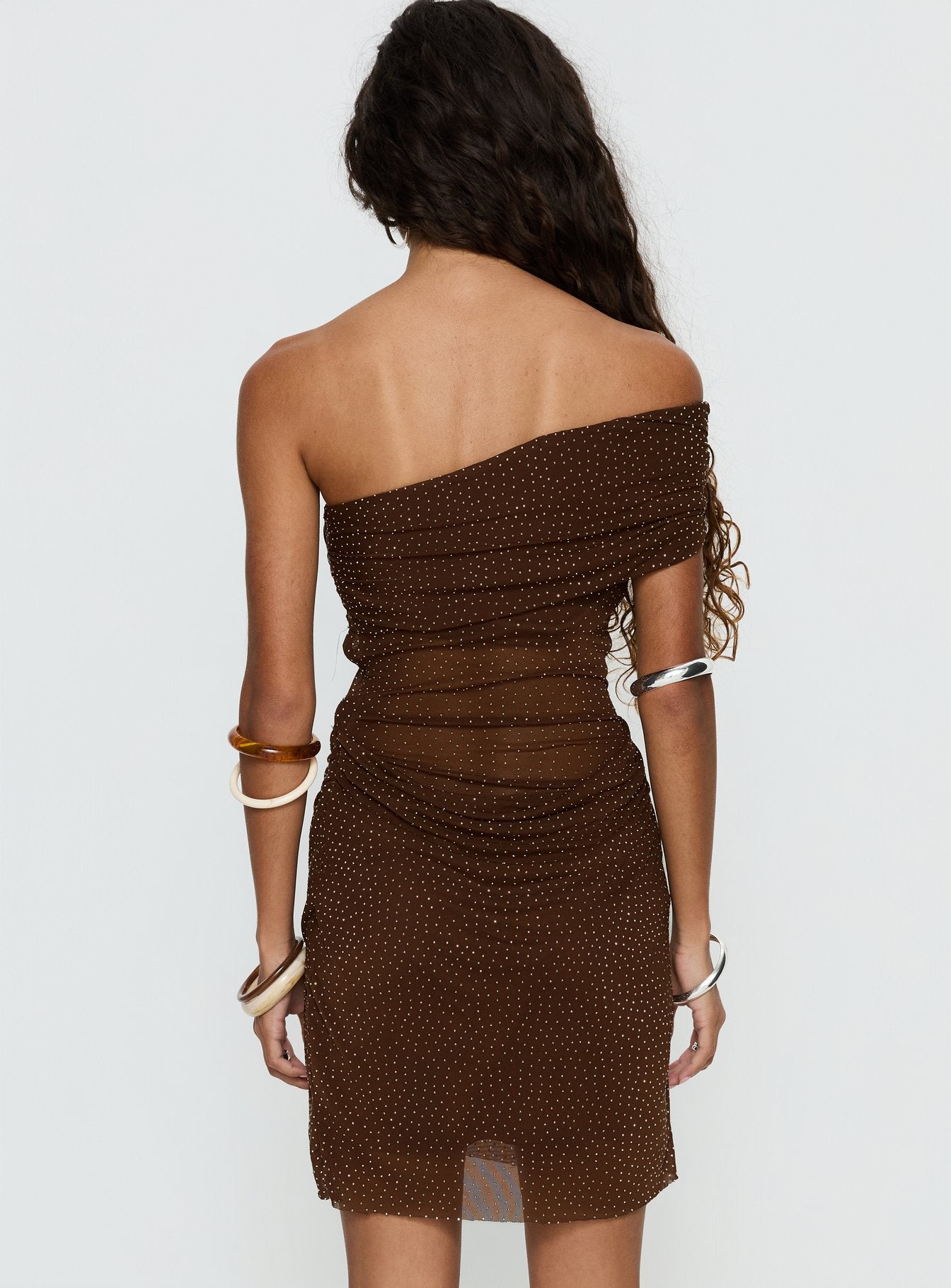 Adriessa One Shoulder Sheer Mini Dress Dark Brown Shimmer