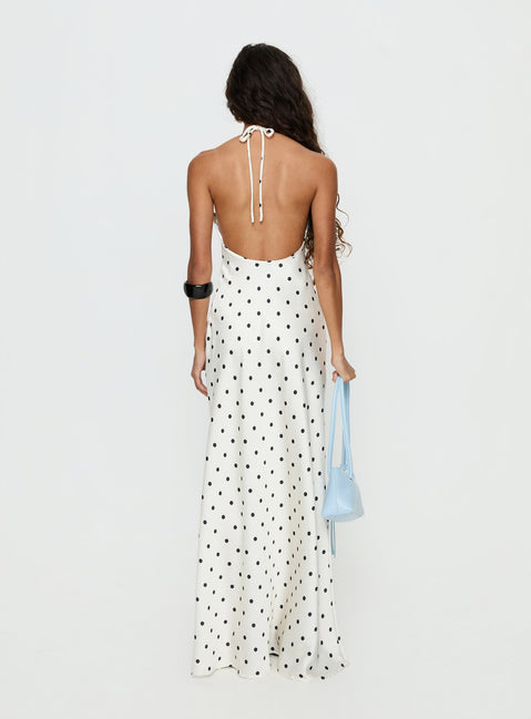 Costella Halter Satin Maxi Dress Cream Polka Dot