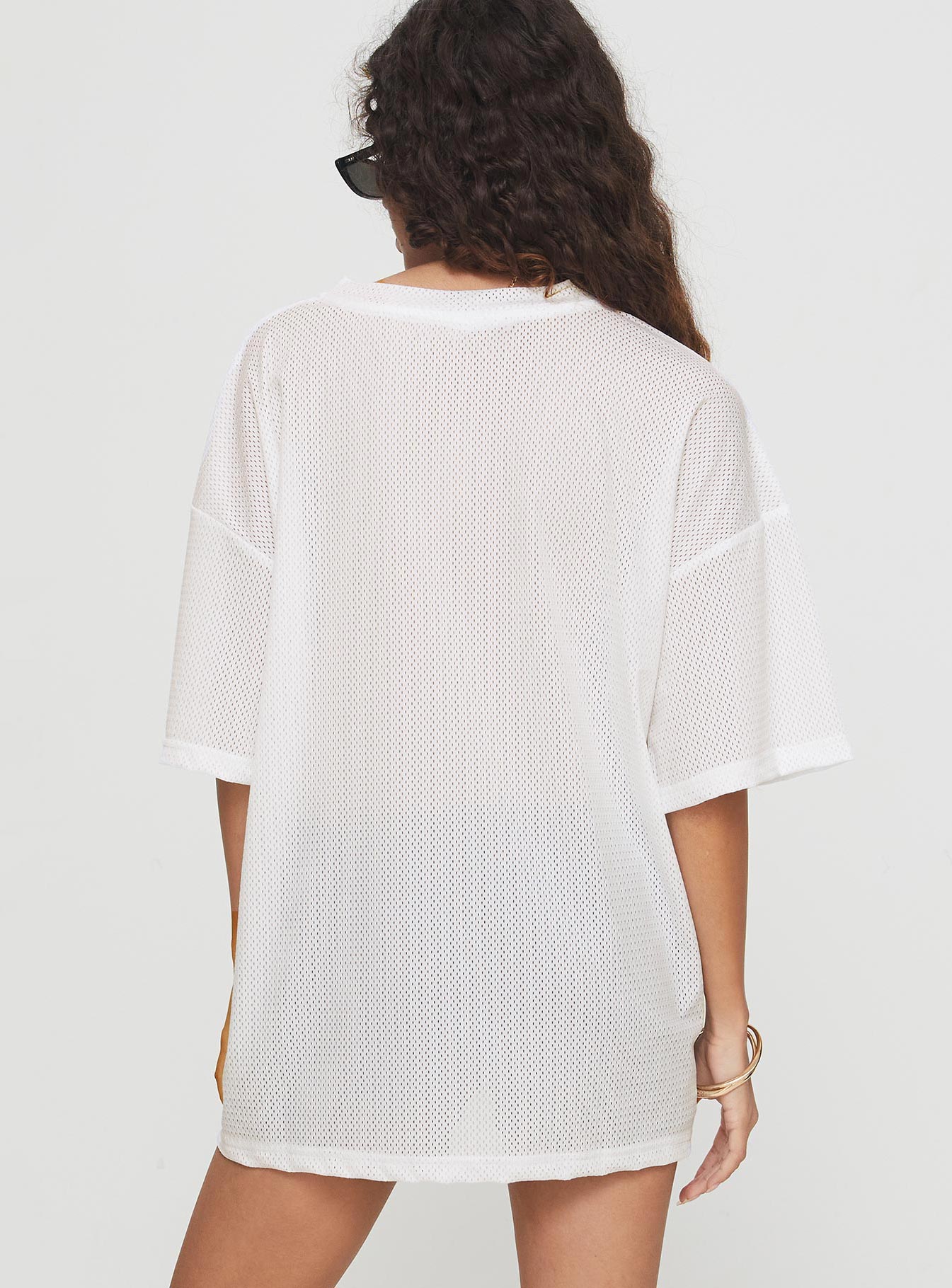 back view of model wearing Princess Polly Brynne Top White Three Fourth Sleeves V-Neck 
