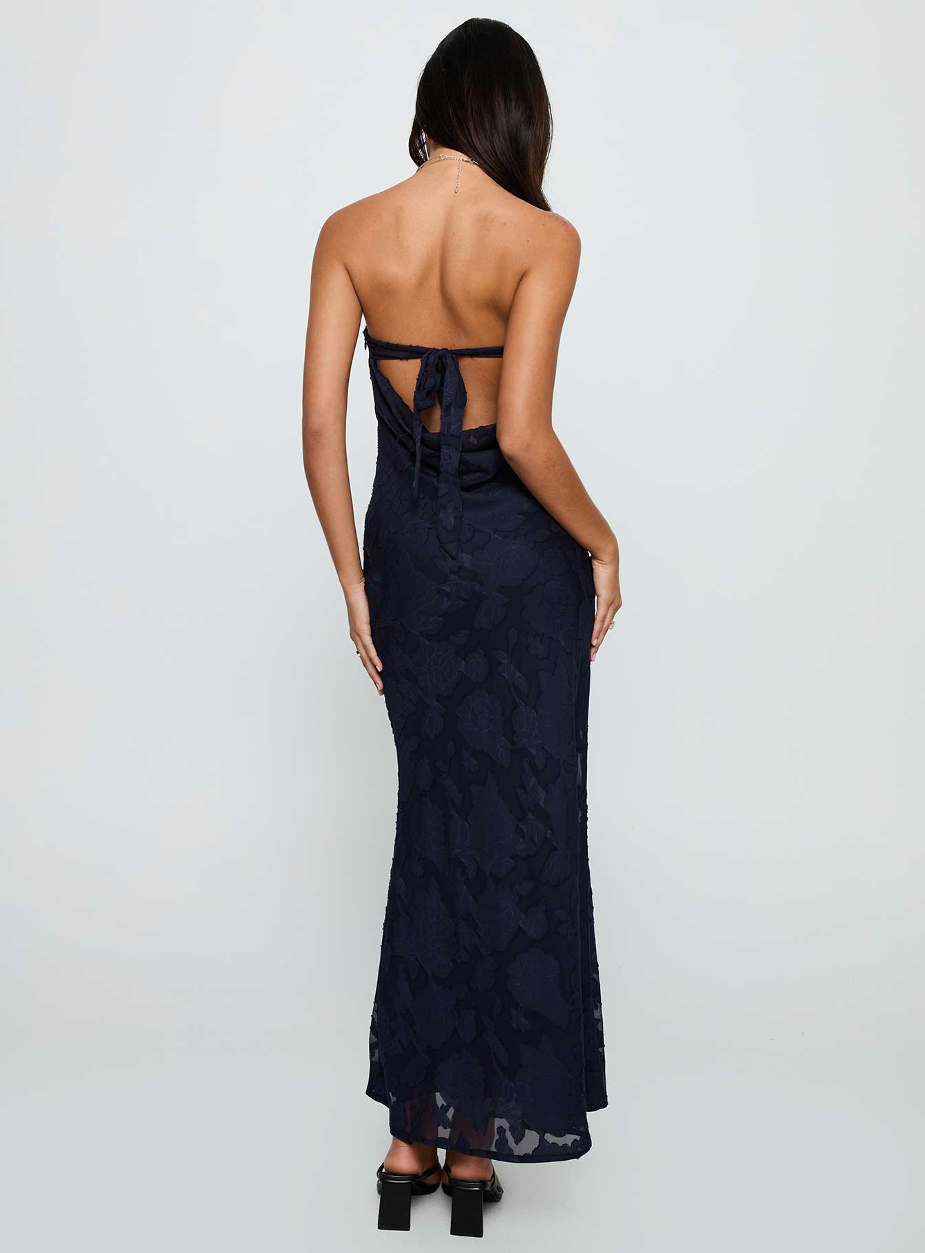 back view of model wearing Princess Polly Haley Maxi Dress Navy Straight Neck 