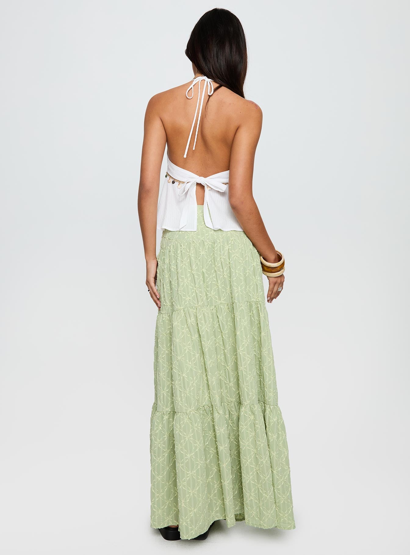 back view of model wearing Princess Polly Silver Soul Embroidered Maxi Skirt Sage Maxi 