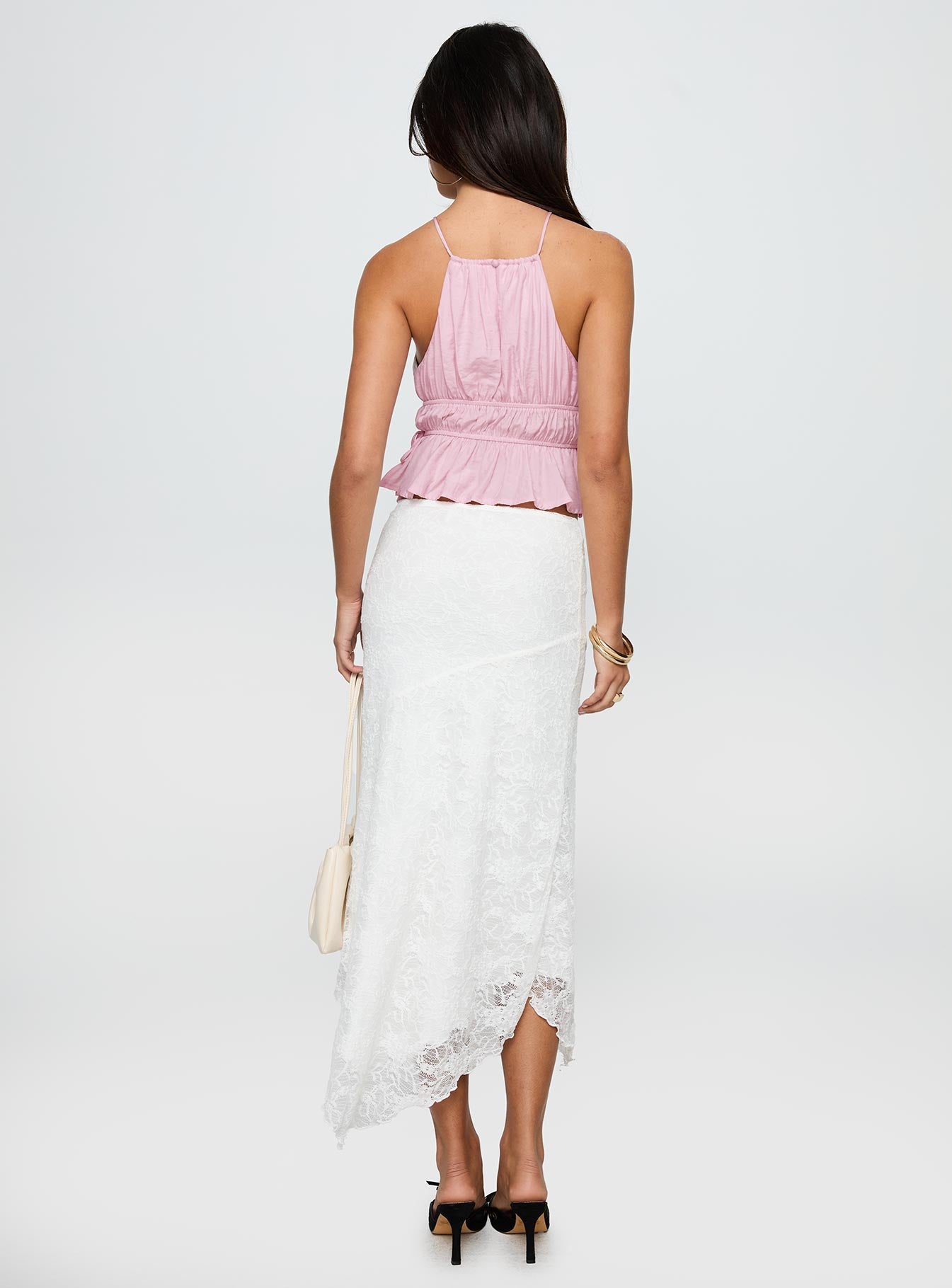 back view of model wearing Princess Polly Freebirds Lace Midi Skirt White Midi Skirts 