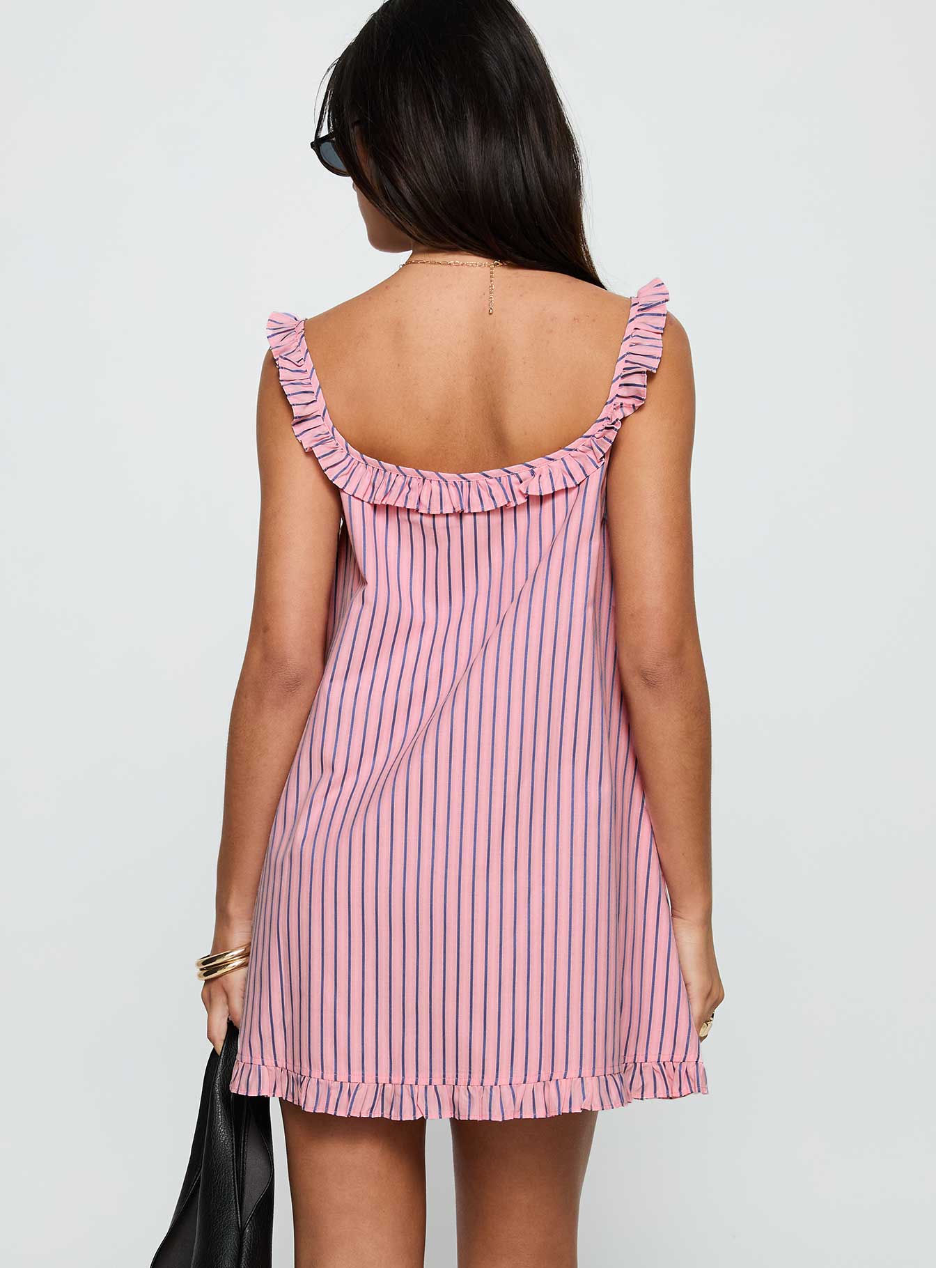 back view of model wearing Princess Polly Zalina Babydoll Mini Dress Pink Stripe Square Neck 