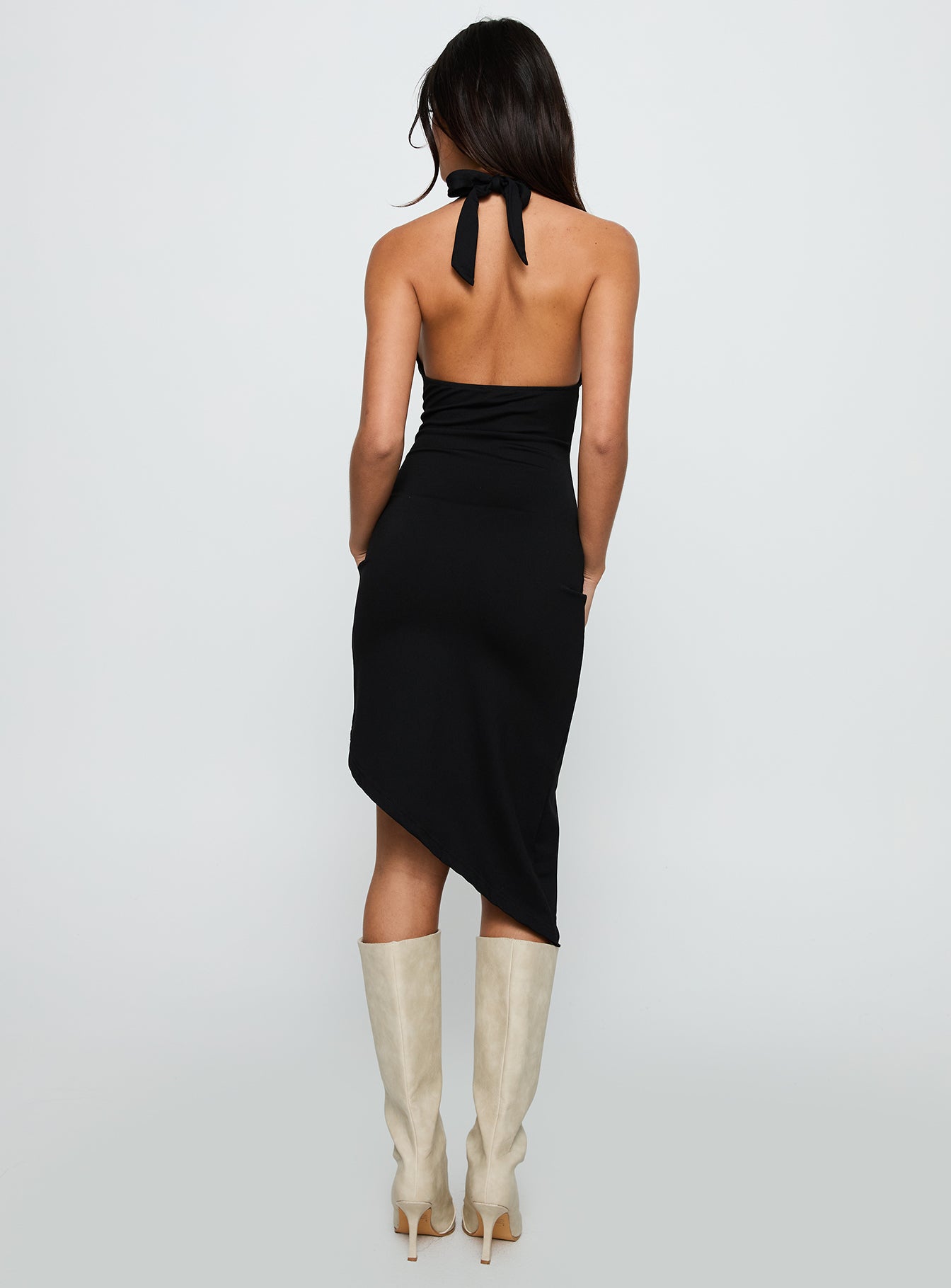 back view of model wearing Princess Polly Whimsy Asymmetrical Midi Dress Black V-Neck 