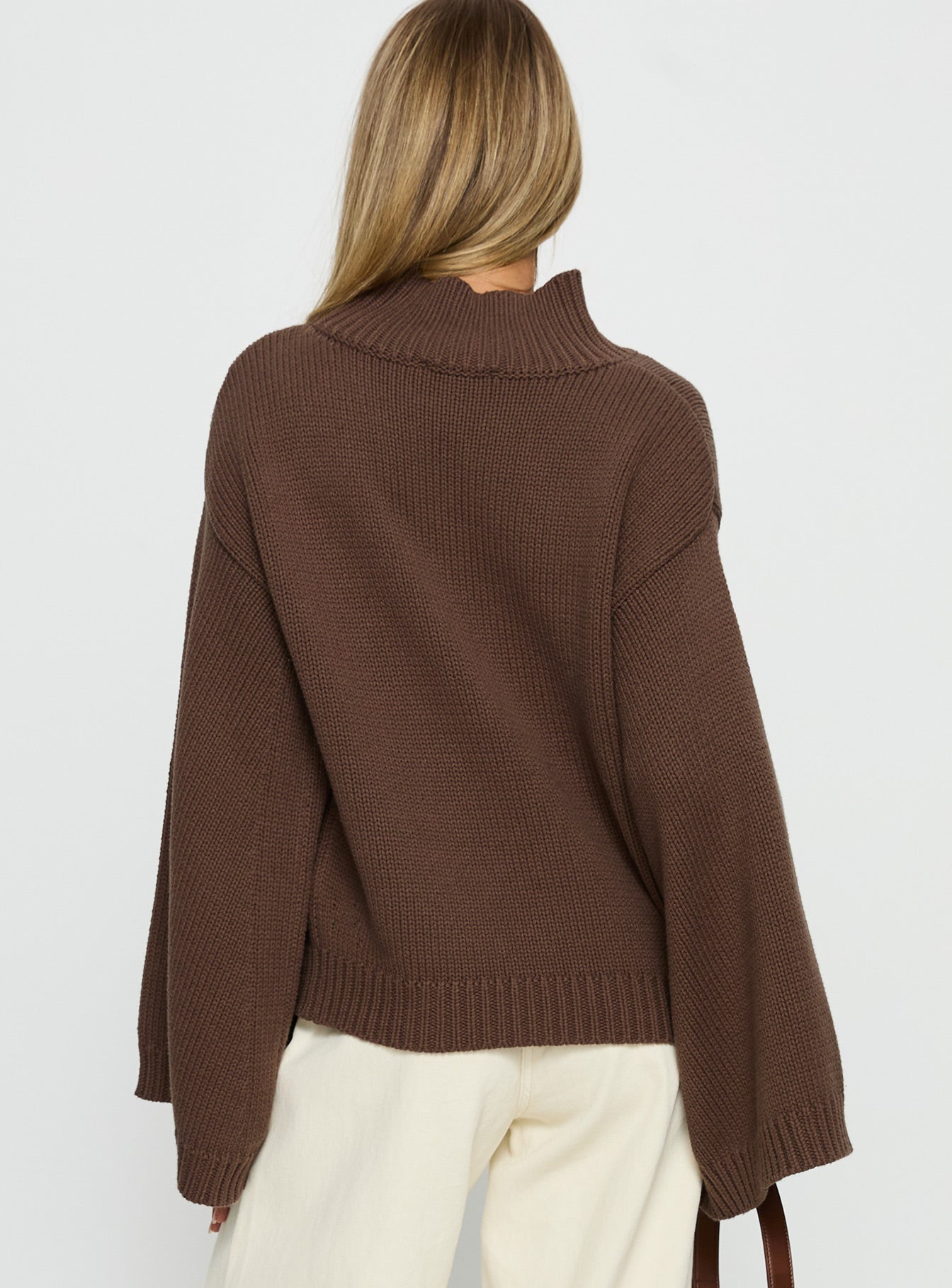 back view of model wearing Princess Polly Neriel Funnel Neck Knit Sweater Chocolate Long 