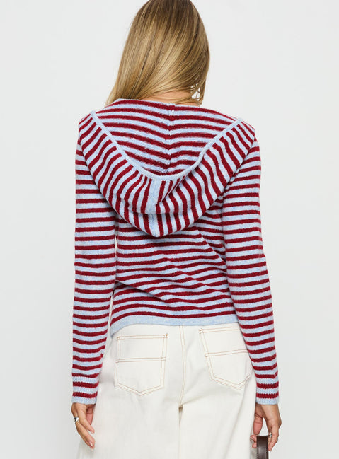 back view of model wearing Princess Polly Superstars Zip Through Hoodie Blue / Red Stripe cropped 