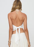 back view of model wearing Princess Polly Taisil Top White Sleeveless Asymmetric Neckline 