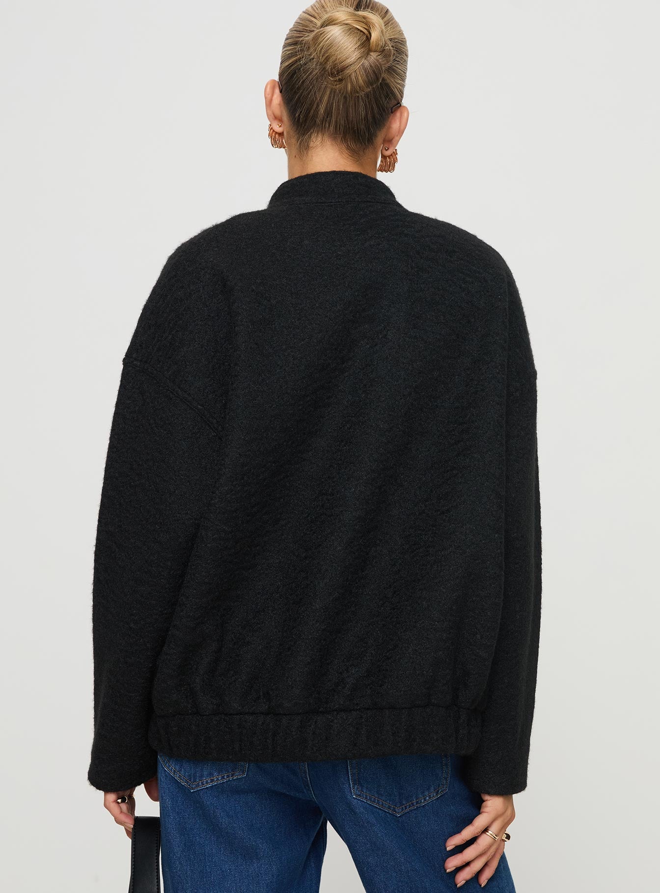 Bomber jacket High neckline, button fastening, twin hip pockets, elasticated waistband Non-stretch material, unlined