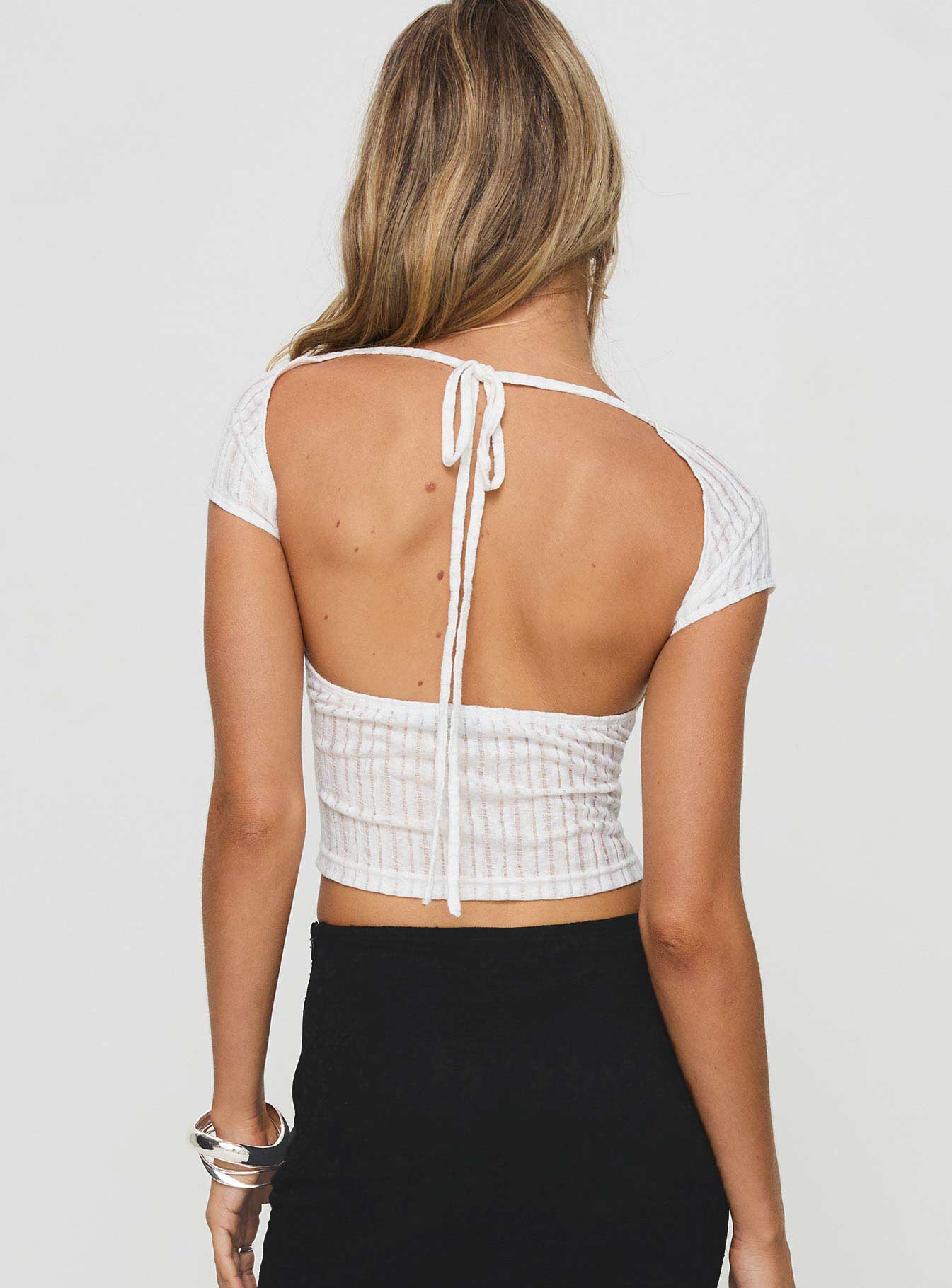 back view of model wearing Princess Polly Melusine Top White Short Sleeves Scoop Neck 