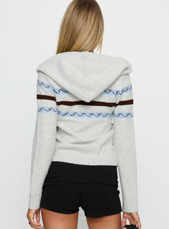 back view of model wearing Princess Polly Zaylina Graphic Zip Through Knit Sweater Grey Cropped Jumpers 