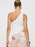 back view of model wearing Princess Polly Sensua One Shoulder Top White Sleeveless Asymmetric Neckline 