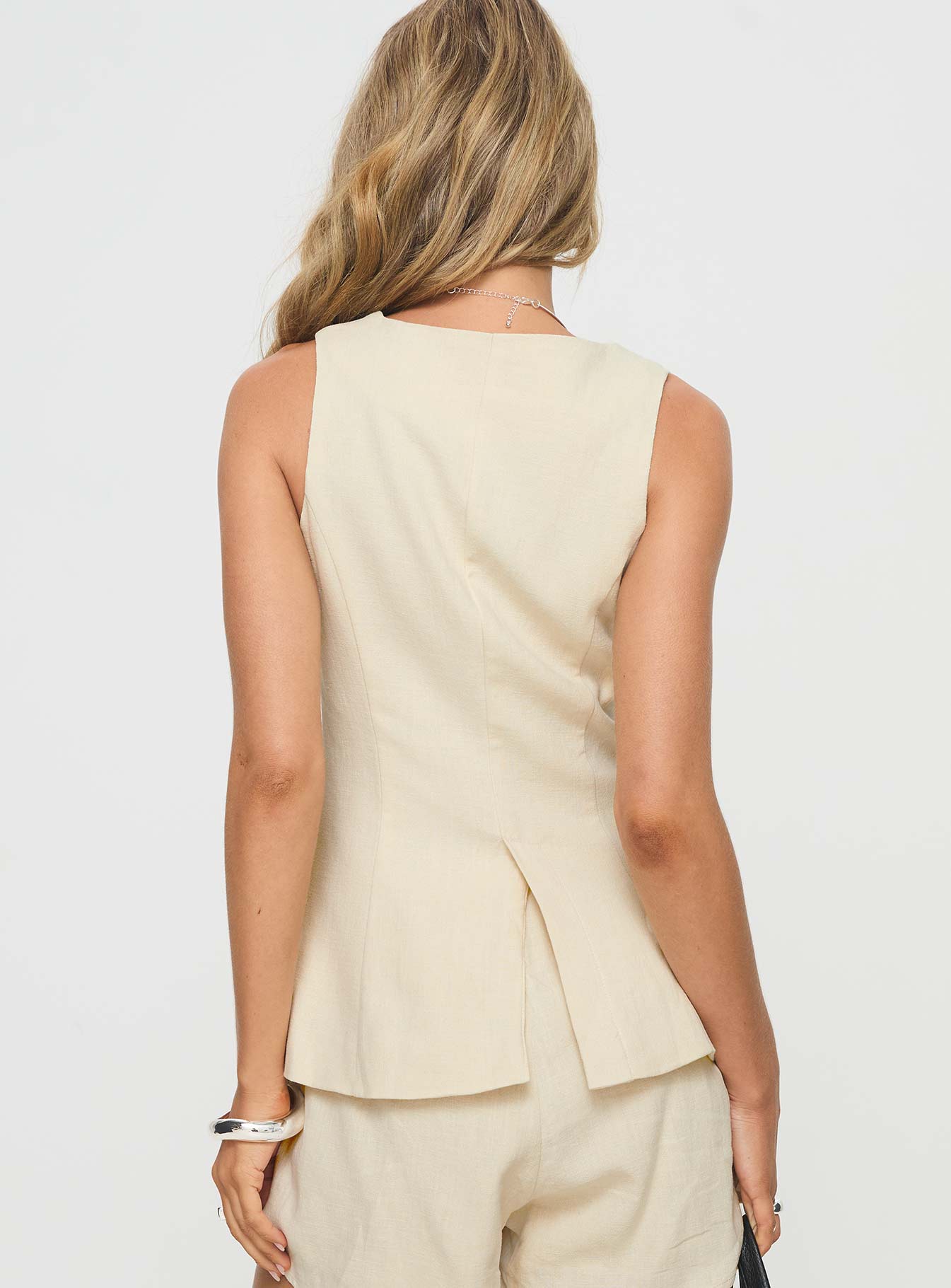 back view of model wearing Princess Polly Days With You Linen Blend Vest Top Sand Sleeveless V-Neck 