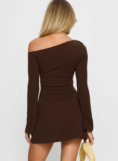 Adrietta Long Sleeve Off Shoulder Mini Dress Brown Tall
