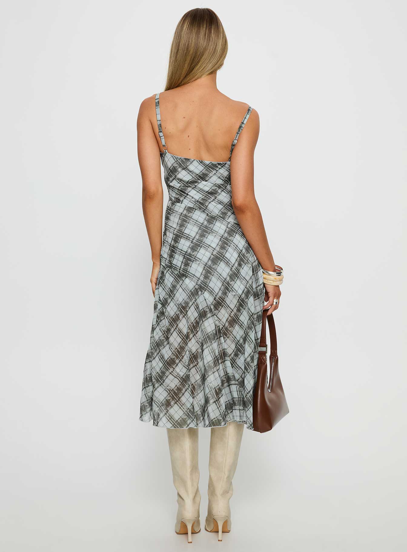 Murisa Asymmetrical Midi Dress Navy Check | Princess Polly