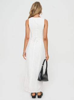 back view of model wearing Princess Polly Summer Season Linen Blend Maxi Dress White Petite V-Neck 