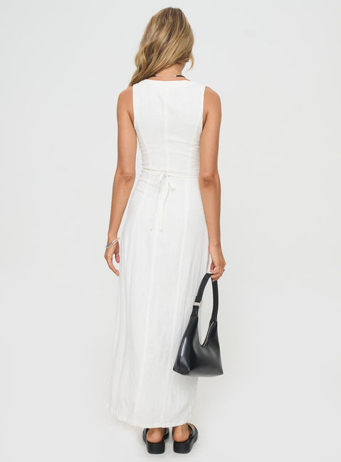 back view of model wearing Princess Polly Summer Season Linen Blend Maxi Dress White Petite V-Neck 
