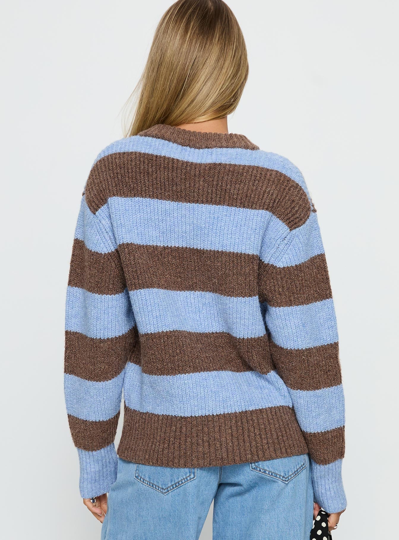 back view of model wearing Princess Polly Queena Zip Through Knit Sweater Blue Stripe 