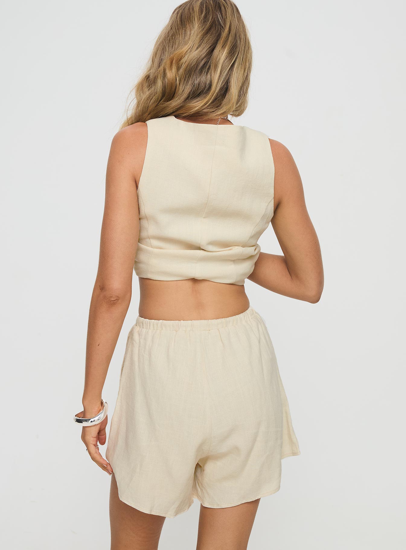 back view of model wearing Princess Polly This Summer Linen Blend Shorts Sand High Waisted Shorts 
