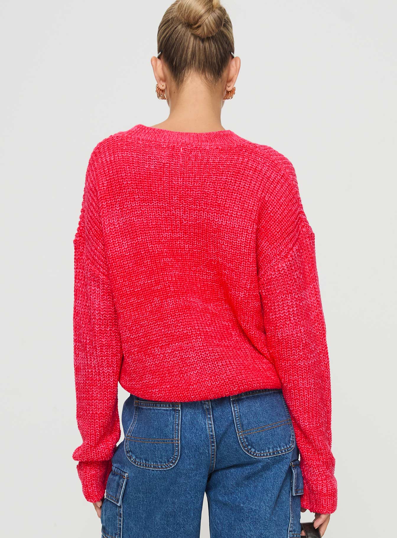 back view of model wearing Princess Polly Bae Sweater Pink/ Red 