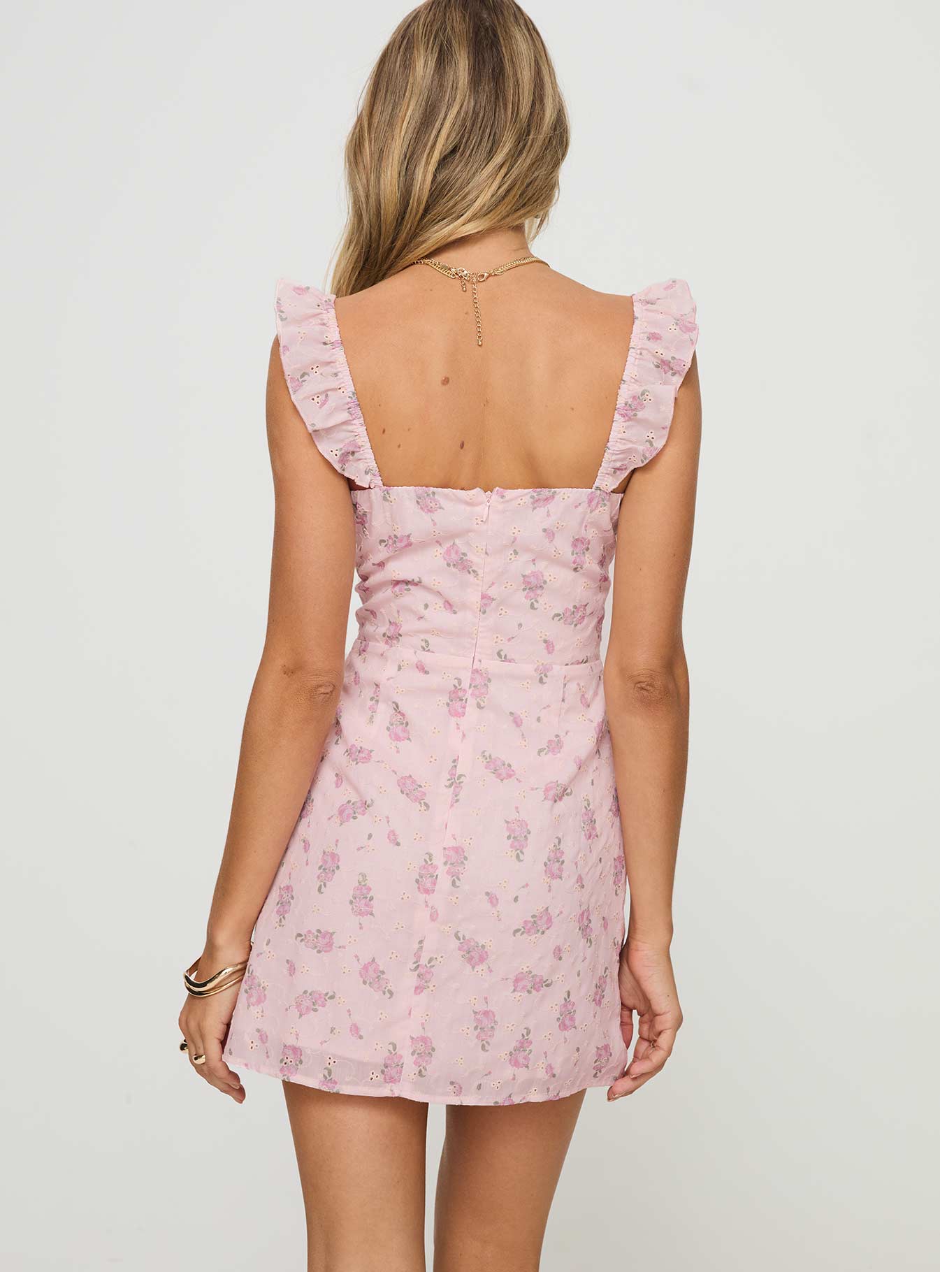 back view of model wearing Princess Polly Whelan Mini Dress Pink Sweetheart Neckline 
