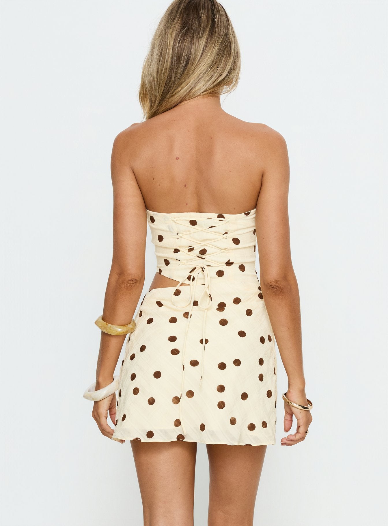 Jasira Strapless Drape Mini Dress Cream / Brown Polka Dot