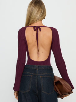 back view of model wearing Princess Polly Mayok Long Sleeve Bodysuit Plum Long Sleeve Tops 