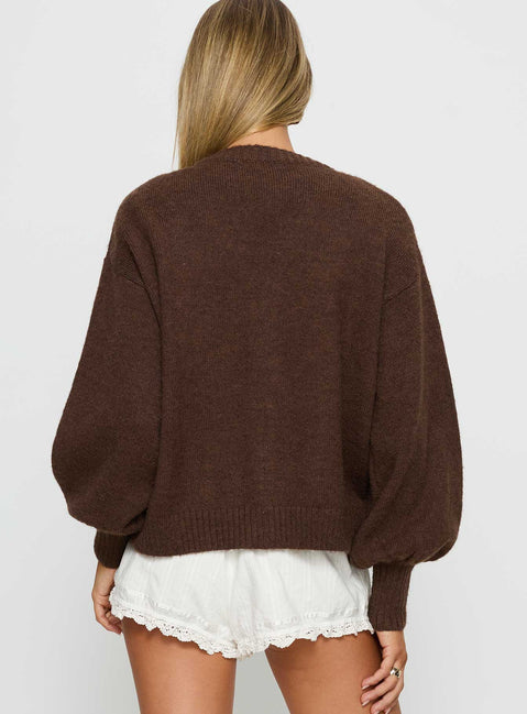 back view of model wearing Princess Polly Eartha V Neck Knit Sweater Brown Long 