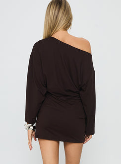 Sakaia Long Sleeve Eyelet Mini Dress Brown