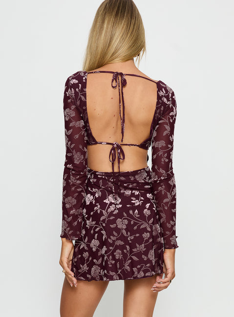 Raylena Long Sleeve V-neck Mini Dress Burgundy Floral