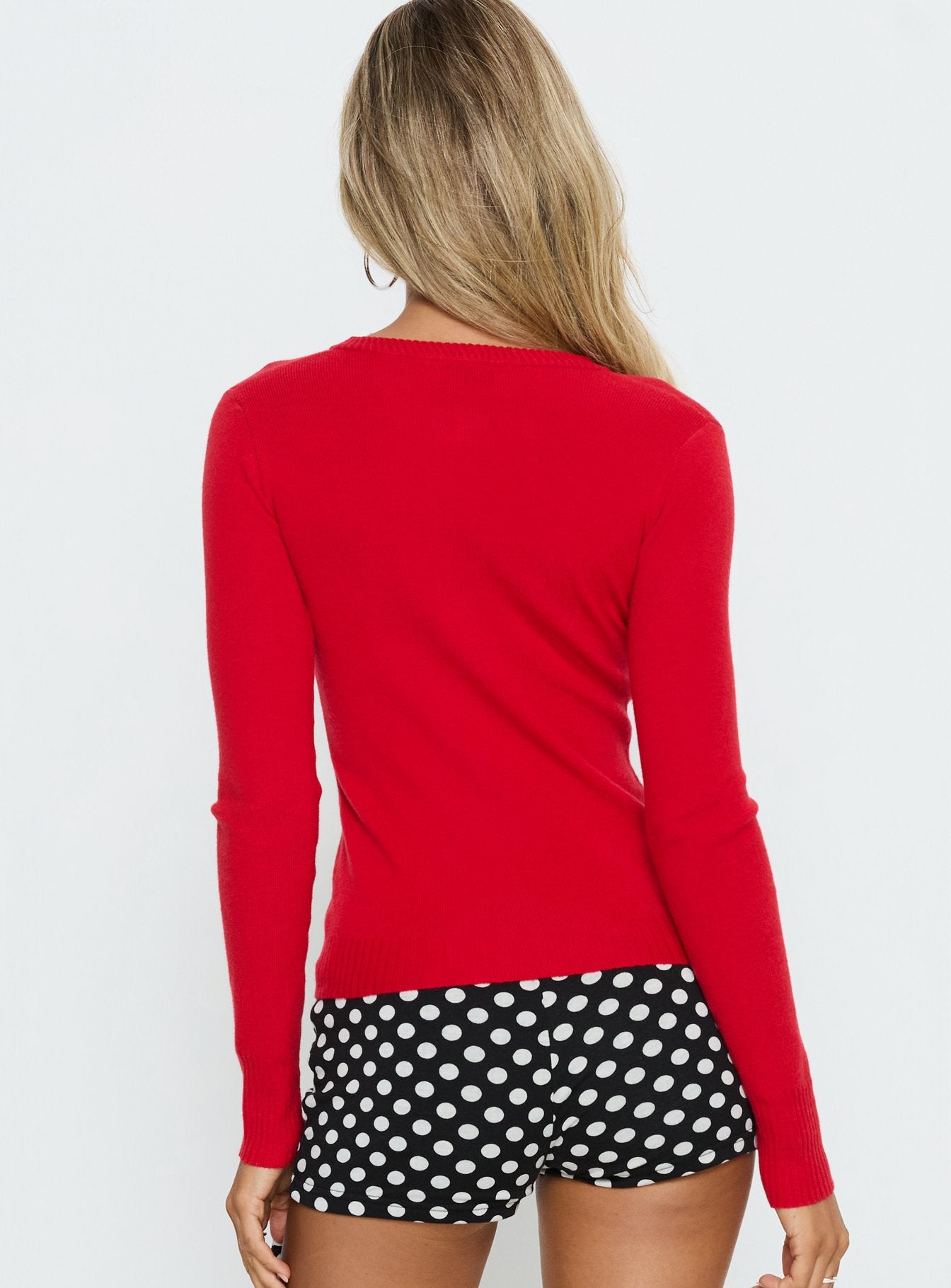 back view of model wearing Princess Polly Lauraine Cardigan Red cropped 