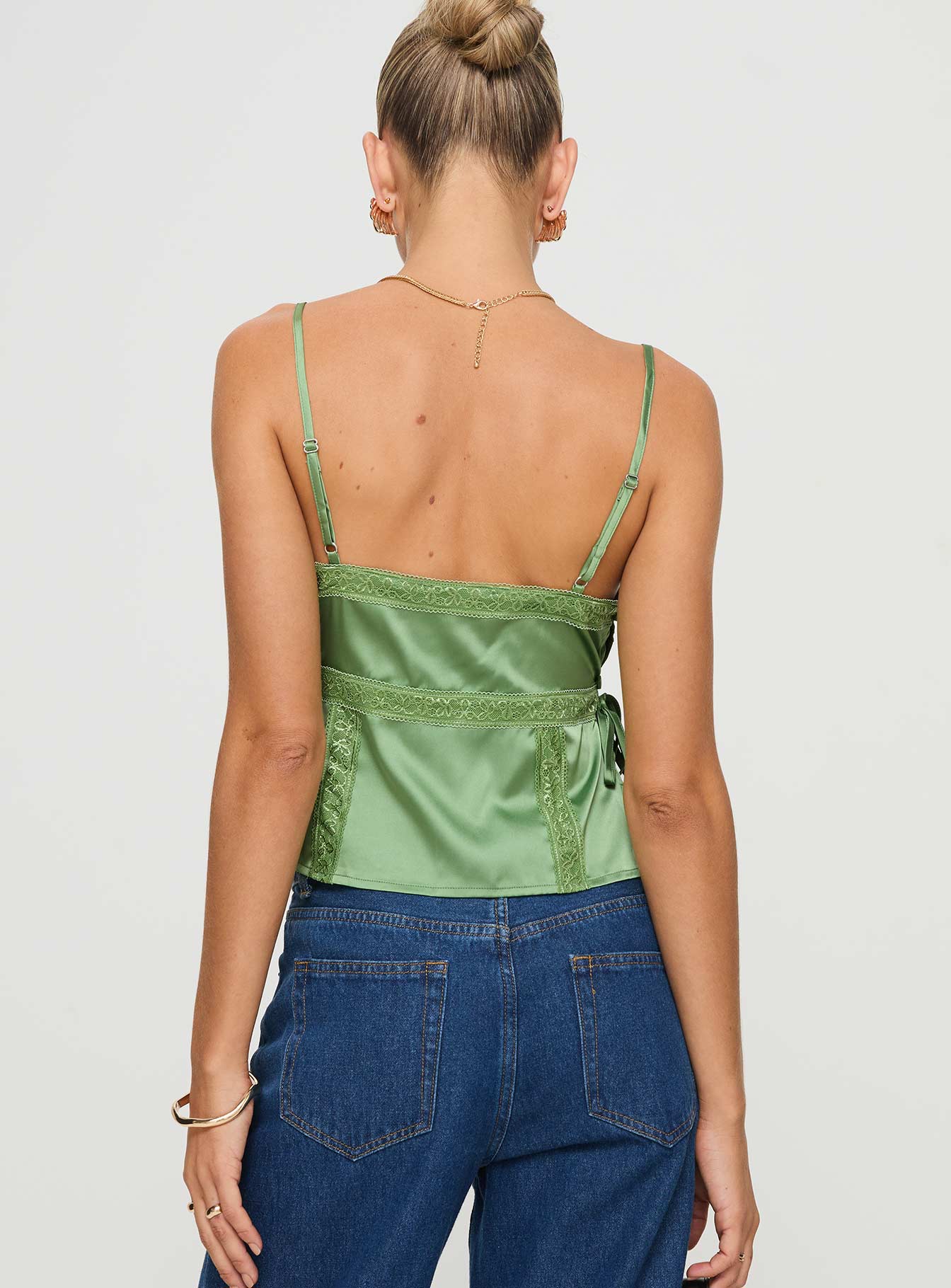 back view of model wearing Princess Polly Isolind Top Apple Green Sleeveless V-Neck 