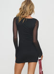 back view of model wearing Princess Polly Colline Long Sleeve Mini Dress Black Sweetheart Neckline 