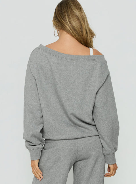 Presenting the Wellness Off The Shoulder Jumper Dark Grey Marle in womens-jumpers with long length, boat neckline and oversized fit back view of model wearing Princess Polly