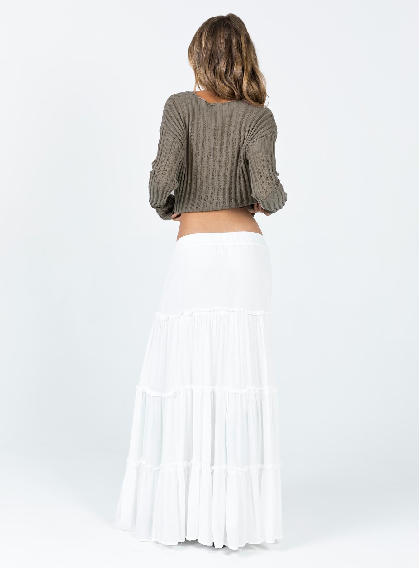back view of model wearing Princess Polly Miriah Maxi Skirt White Petite Maxi 