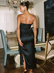 back view of model wearing Princess Polly Callita Strapless Maxi Dress Black Straight Neck 