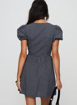 back view of model wearing Princess Polly Nurture Bow Mini Dress Navy Check Crew Neck 